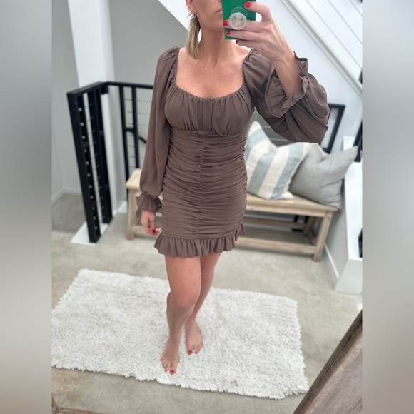 Blush Dresses & Skirts - Blush Tan Long Sleeve Ruched Mini Dress | Ruffle Hem | Formal Party | Size M